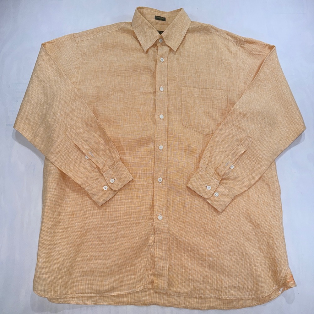 Orvis Linen Shirt Mens XL Orange Micro Check Long Sleeve Button Down Signature